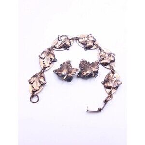 vintage copper autumn leaves panel link bracelet matching clip-on earrings set